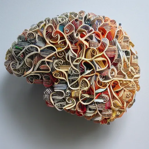 Prompt: A brain house brain of nouveau style, made of crinkled paper and two toned lines