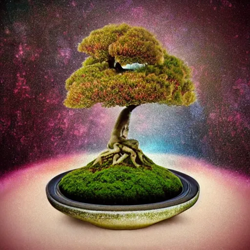 Image similar to A picture of a planet of various flowers, fungus and plants, Bonsai , in which the human figure is dressed in something magical and impressive, inside the picture is infinity, muted light, BotanicalAtmospheric phenomenon, artistic photography, muted colors, conceptual, Kodachrome