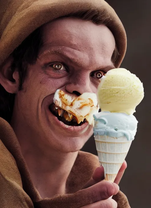 Image similar to closeup portrait of a medieval goblin eating icecream, depth of field, zeiss lens, detailed, symmetrical, centered, fashion photoshoot, by Annie Leibovitz and Steve McCurry, David Lazar, Jimmy Nelsson, Breathtaking, 8k resolution, extremely detailed, beautiful, establishing shot, artistic, hyperrealistic, beautiful face, octane render