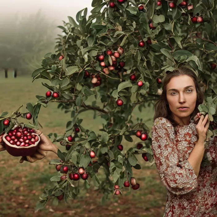 Image similar to a closeup portrait of a woman wearing diamond armor, picking pomegranates from a tree in an orchard, foggy, moody, photograph, by vincent desiderio, canon eos c 3 0 0, ƒ 1. 8, 3 5 mm, 8 k, medium - format print