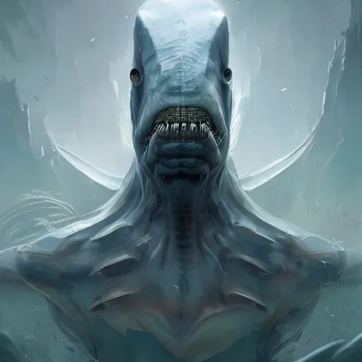 Image similar to professional ominous concept art portrait of a shark - human chimera character by artgerm and greg rutkowski. an intricate, elegant, highly detailed digital painting, concept art, smooth, sharp focus, illustration, in the style of simon stalenhag, wayne barlowe, and igor kieryluk.