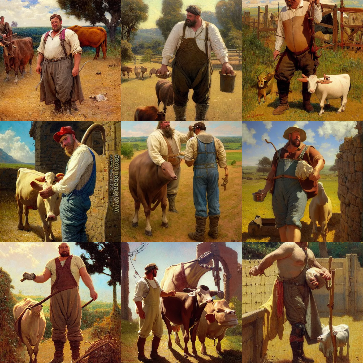 Prompt: medieval, large farmer man, overalls, feeding a cow, character design, painting by gaston bussiere, craig mullins, j. c. leyendecker, tom of finland