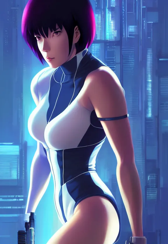 Image similar to a fullbody portrait of motoko kusanagi the major ghost in the shell : : connected to cables, under repairs, maintenance area, technicians : : by ilya kuvshinov, rossdraws, artgerm, sola digital arts, anti aliasing, raytracing : :