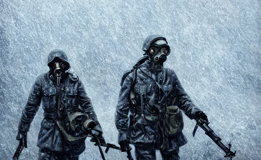 Prompt: portrait of futuristic world war 1 soldier with gas mask in the snow, black clothes, dark clouds, blue filter, dripping paint, ultrarealistic, photorealistic, intricate detail by greg rutkowski, craig mullins, ash thorpe, fibonacci rhythm ar