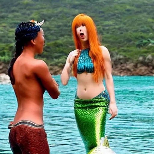 Prompt: A ningyo meets a mermaid in the ocean, both are confused.
