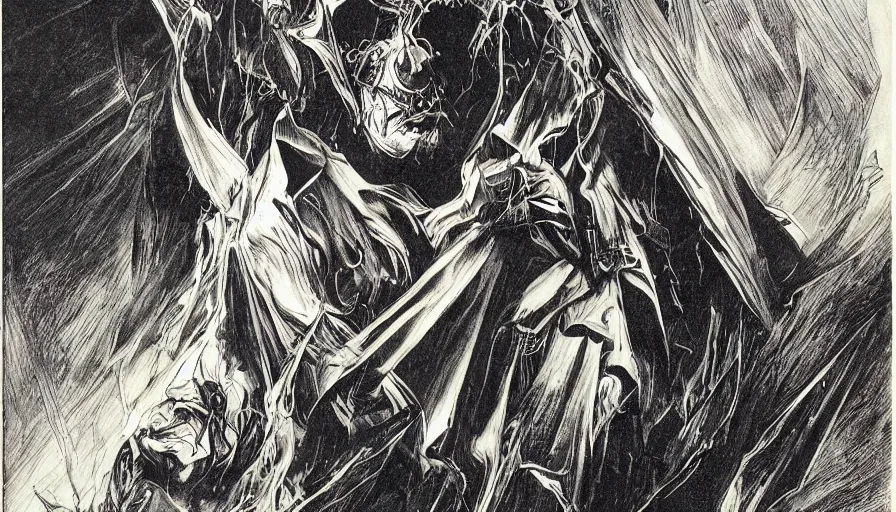 Prompt: bernie wrightson phantom spirit aerial abstract horror shape kinetic aesthetic optical illusion