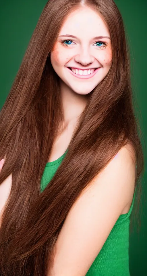 Image similar to A cute and beautiful young woman, long shiny bronze brown hair, green eyes, cute freckles, smug smile, studio lighting, studio background medium shot, mid-shot