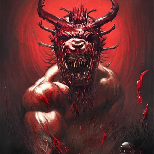 Prompt: Dark Fantasy Painting of a muscular red beast with blood dripping from its mouth, creepy, unsettling, horror, upper body, intricate, wild, highly detailed, digital painting, artstation, concept art, smooth, sharp focus, illustration, art by artgerm and greg rutkowski and alphonse mucha