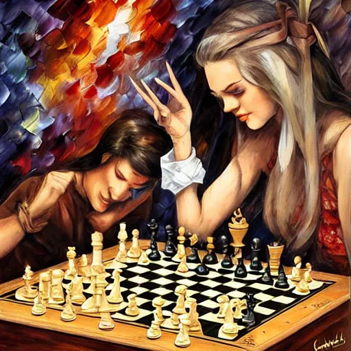 Prompt: chess by arthur adams, charlie bowater, leonid afremov, chiho ashima, karol bak, david bates, tom chambers