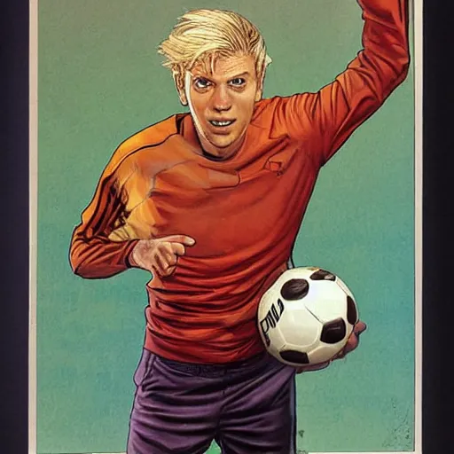Image similar to a blonde man studying a soccer ball. happy, colorful Epic portrait by james gurney and mœbius.