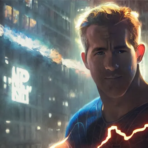 Image similar to ryan reynolds as spider - man, wearing a black and blue suit, cinematic, volumetric lighting, f 8 aperture, cinematic eastman 5 3 8 4 film, photorealistic by greg rutkowski, by stanley artgerm, by alphonse mucha