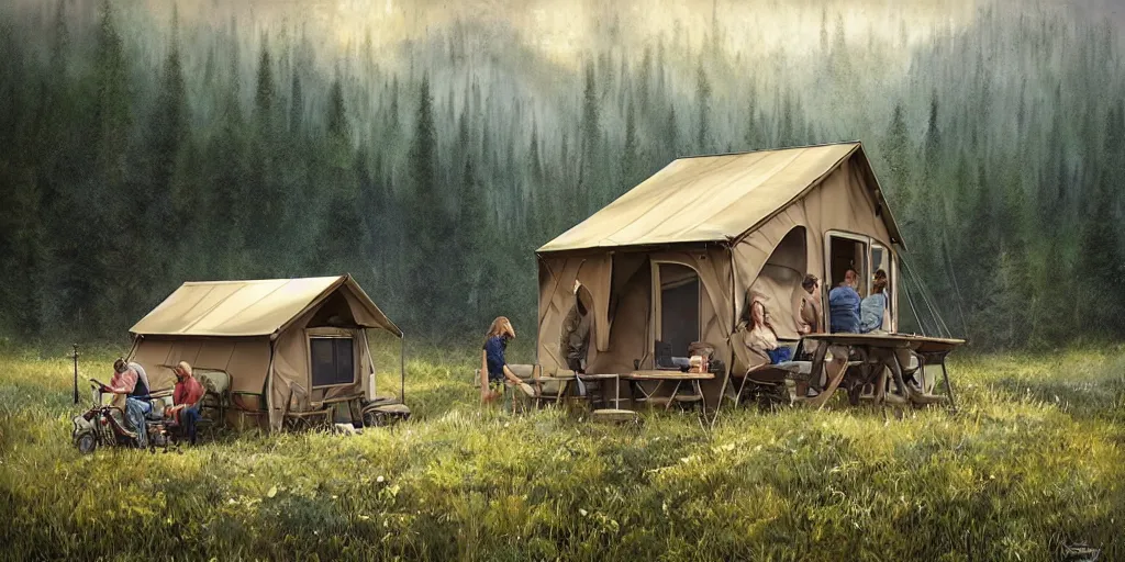 Prompt: cabela's outdoors micro - compact modular hard shell pod home, family dwelling, quick assembly, glamping, person in foreground, mountainous forested wilderness open fields, beautiful views, painterly concept art, joanna gaines, environmental concept art, farmhouse, magnolia, concept art illustration by ross tran, james gurney, by craig mullins, by greg rutkowski