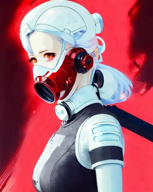 Image similar to white haired cyborg girl wearing gas mask and red dress | | audrey plaza, warframe armor, fine detail!! anime!! realistic shaded lighting!! poster by ilya kuvshinov katsuhiro otomo ghost - in - the - shell, magali villeneuve, artgerm, jeremy lipkin and michael garmash and rob rey