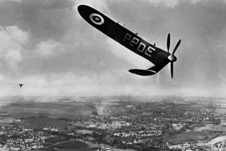 Image similar to spitfire with a flaming wing flying over a town 1940s britain