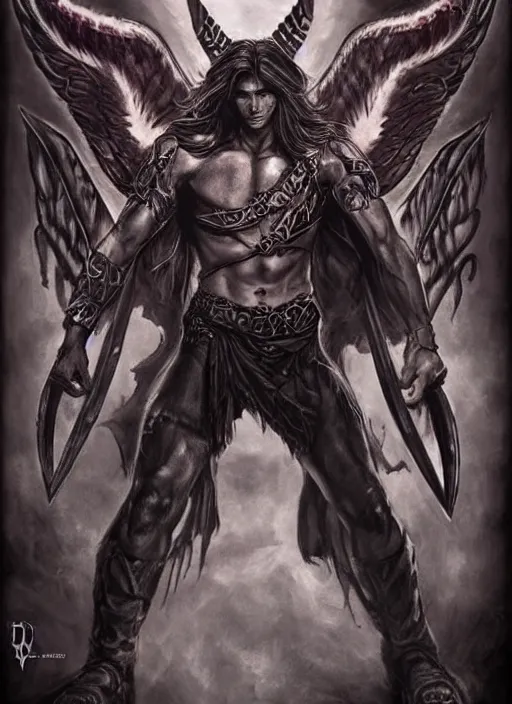 Image similar to front portrait of attractive Sam Winchester as a muscular warrior angel with demon wings wide open, teared apart T-Shirt whole body tattooed with runes and satanic symbols, D&D!, fantasy style, sharp focus!, ultra detailed, art by Artgerm and Peter Andrew Jones, WLUP