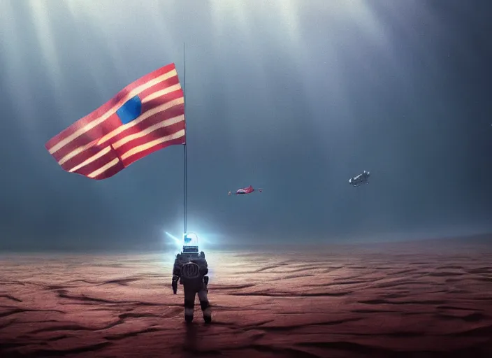 Image similar to astronaut holding a flag in an underwater desert. a submarine is visible in the distance. dark, concept art, cinematic, dramatic, atmospheric, 8 k, trending on artstation, blue, fish, low visibility, fog, ocean floor, christopher nolan, interstellar