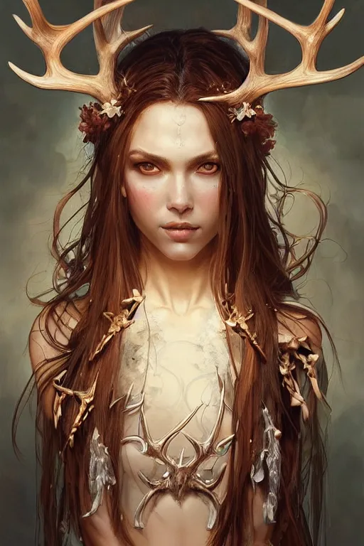 Image similar to ultra realistic illustration, a stunningly beautiful shaman girl with antlers and bone fragments, intricate, elegant, highly detailed, digital painting, artstation, concept art, smooth, sharp focus, illustration, art by artgerm and greg rutkowski and alphonse mucha