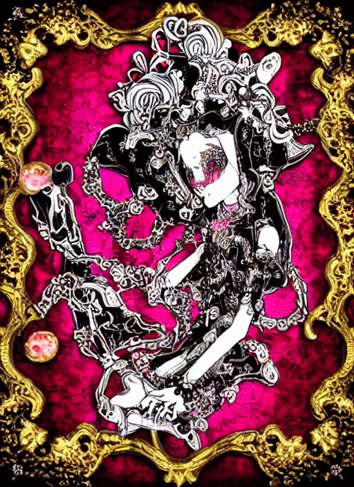 Image similar to baroque bedazzled gothic royalty frames surrounding a pixelsort emo demonic horrorcore japanese yokai doll, low quality sharpened graphics, remastered chromatic aberration spiked korean bloodmoon sigil stars draincore, gothic demon hellfire hexed witchcore aesthetic, dark vhs gothic hearts, neon glyphs spiked with red maroon glitter breakcore art by guro manga artist Shintaro Kago