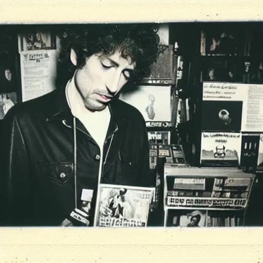 Prompt: bob dylan working in a record store in 1 9 6 9, polaroid photo, artistic, realistic, snapshot