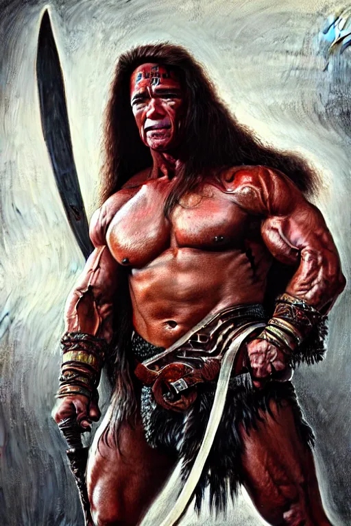 Image similar to Portrait of a Arnold Schwarzenegger as conan barbarian with a huge steel sword, elegant, photorealistic, highly detailed, artstation, smooth, sharp focus, blood ornaments, neon lighting, sci-fi, art by Klimt