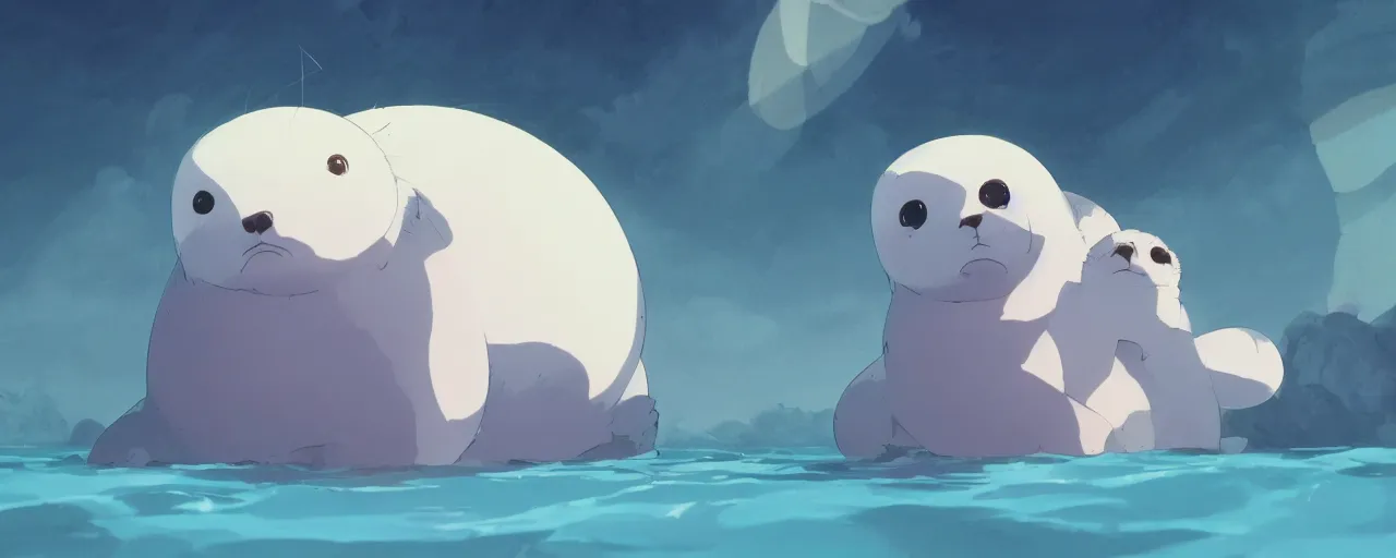 Prompt: a baby harp seal swimming in a tropical river, atey ghailan, goro fujita, studio ghibli, rim light, bright lighting, clear focus, very coherent