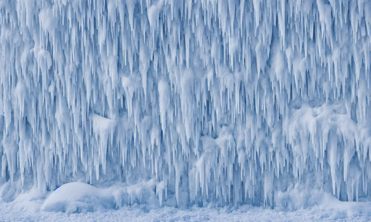 Image similar to a wall made of stacked ice in distance snowstorm ， high quality, octane render ， icey tundra, snowy landscape