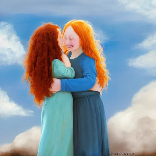 Image similar to a young blue haired girl hugging a young ginger haired girl and smiling, beautiful, innocent, angelic, happy, warm, soft lighting, in the clouds, renaissance, beautiful, cherubic, oil painting