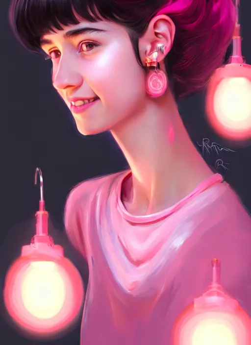 Image similar to portrait of teenage girl, narrow face, black hair, bangs, half updo hairstyle, skinny, smile, unattractive, defined jawline, big chin, wearing pink hair bow, earrings, intricate, elegant, glowing lights, highly detailed, digital painting, artstation, sharp focus, illustration, art by wlop, mars ravelo and greg rutkowski