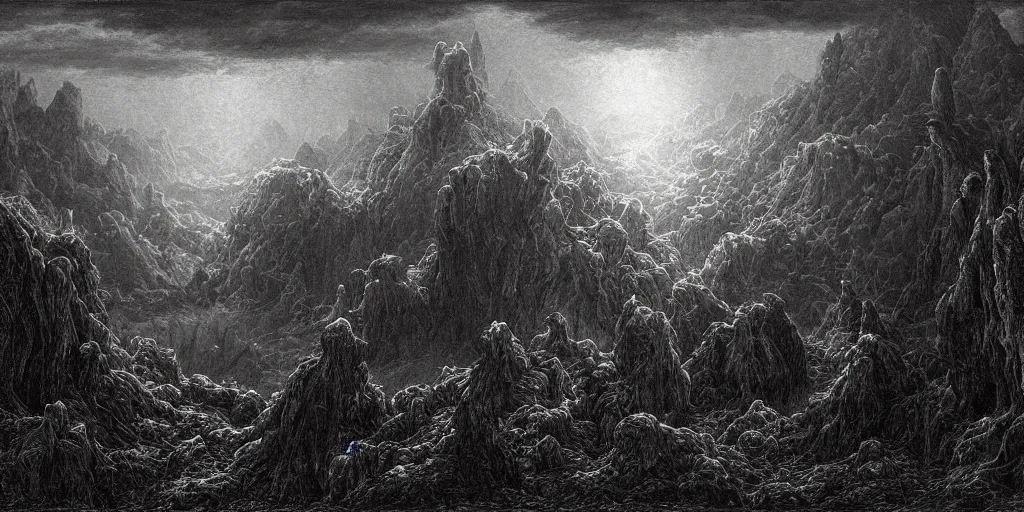 Prompt: a pixel landscape painting with many supernatural creatures, Sinister, horror, created by Gustave Dore, trending on Deviantart, high detail.