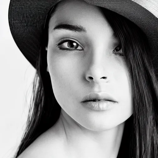 Image similar to black and white centered close-up of fashion model girl in wide white hat, hyperrealism