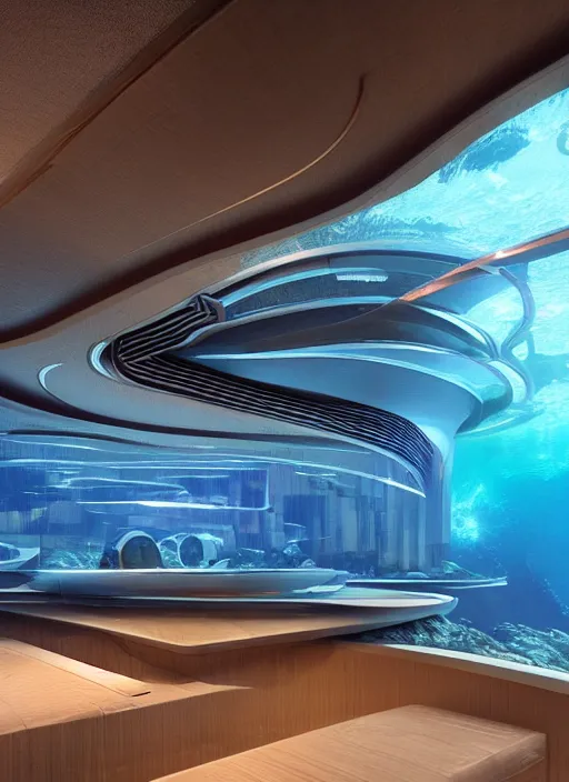 Image similar to a futuristic sci - fi underwater chamber with mirrored walls