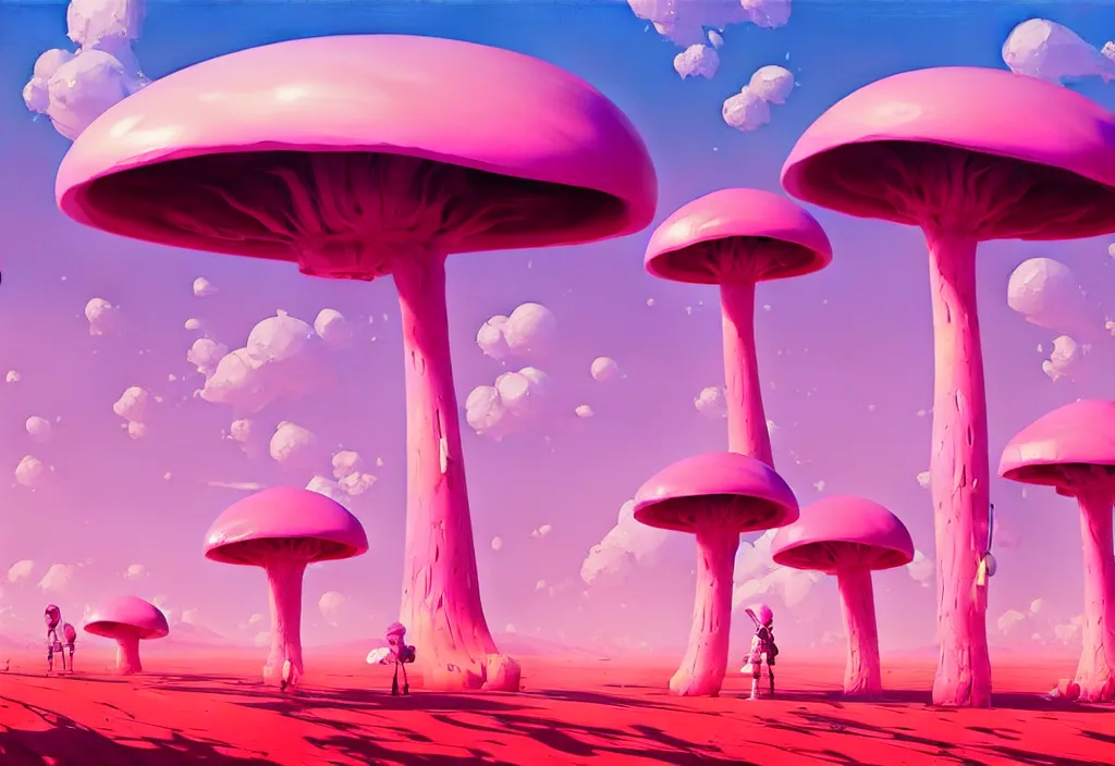 Image similar to futuristic giant pink mushrooms in a desert, intricate oil painting, high detail illustration, sharp high detail, manga and anime 1 9 9 9, official fanart behance hd artstation by jesper ejsing and makoto shinkai, 4 k,