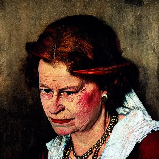 Image similar to close - up portrait of queen elizabeth painted as a sad beggar by norman rockwell, dramatic lighting