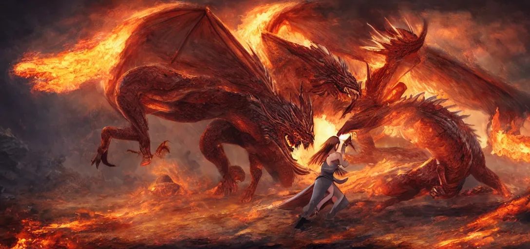 Prompt: fight scene of a beautiful girl fighting an fire dragon inside a ruined castle with sword, fantasy, Digital 2D, highly detailed, sharp focus, smooth, cinematic, a close shot, art by Murata