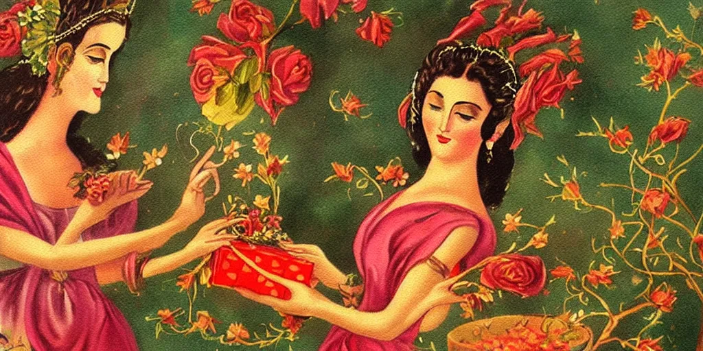 Image similar to vintage beautiful painting of goddess' gifts