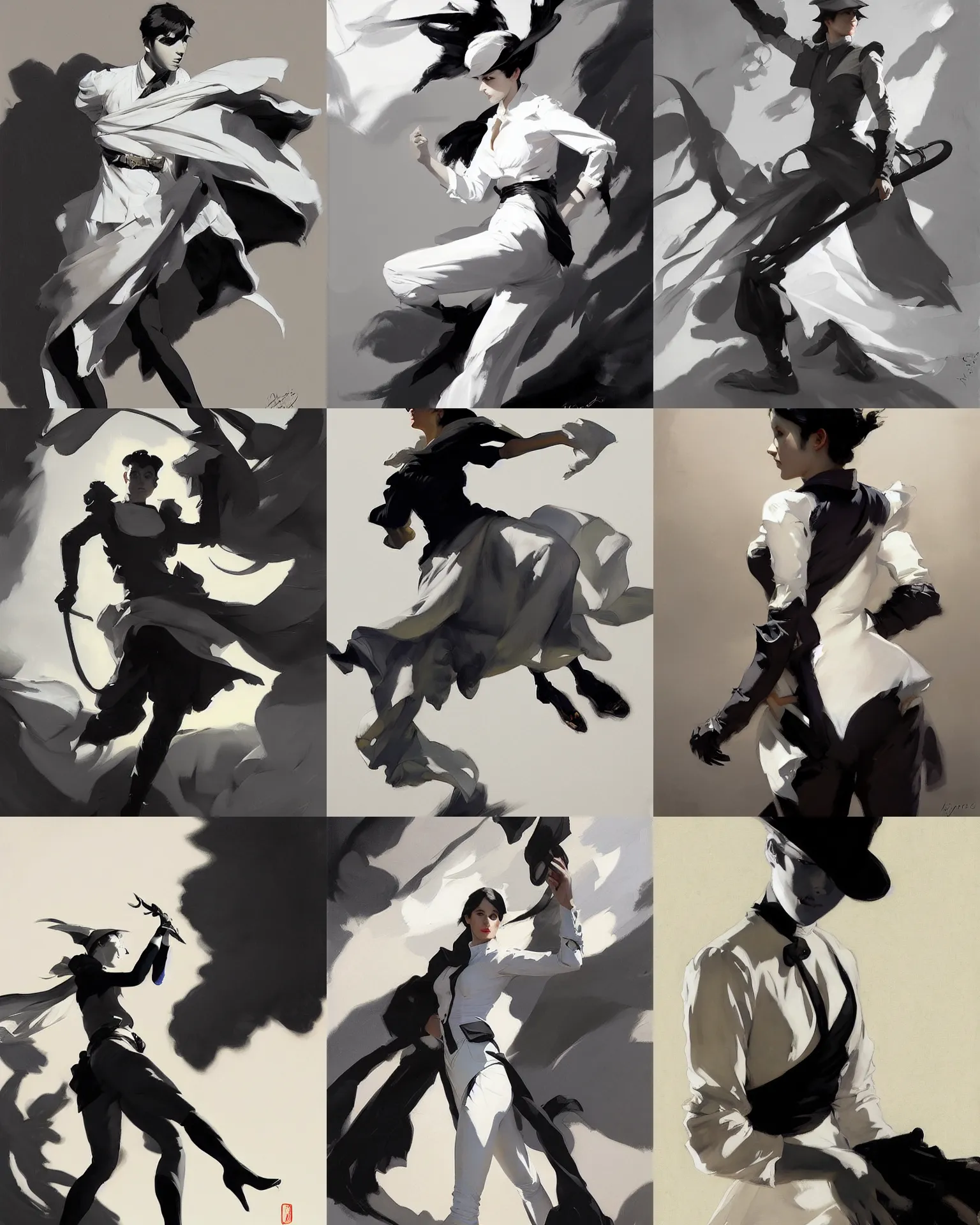 Image similar to black and white cloth fabric jodhpurs greg manchess painting by sargent and leyendecker, studio ghibli, fantasy, medium shot, asymmetrical, intricate, elegant, matte painting, illustration, hearthstone, by greg rutkowski, by greg tocchini, by james gilleard, by joe fenton