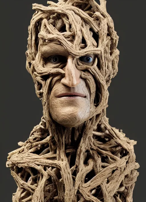 Image similar to a bust sculpture of anatomical detailed tree golem, woody harrelson, wood, green leaves, become human, ceramic base, orthographic, studio lighting