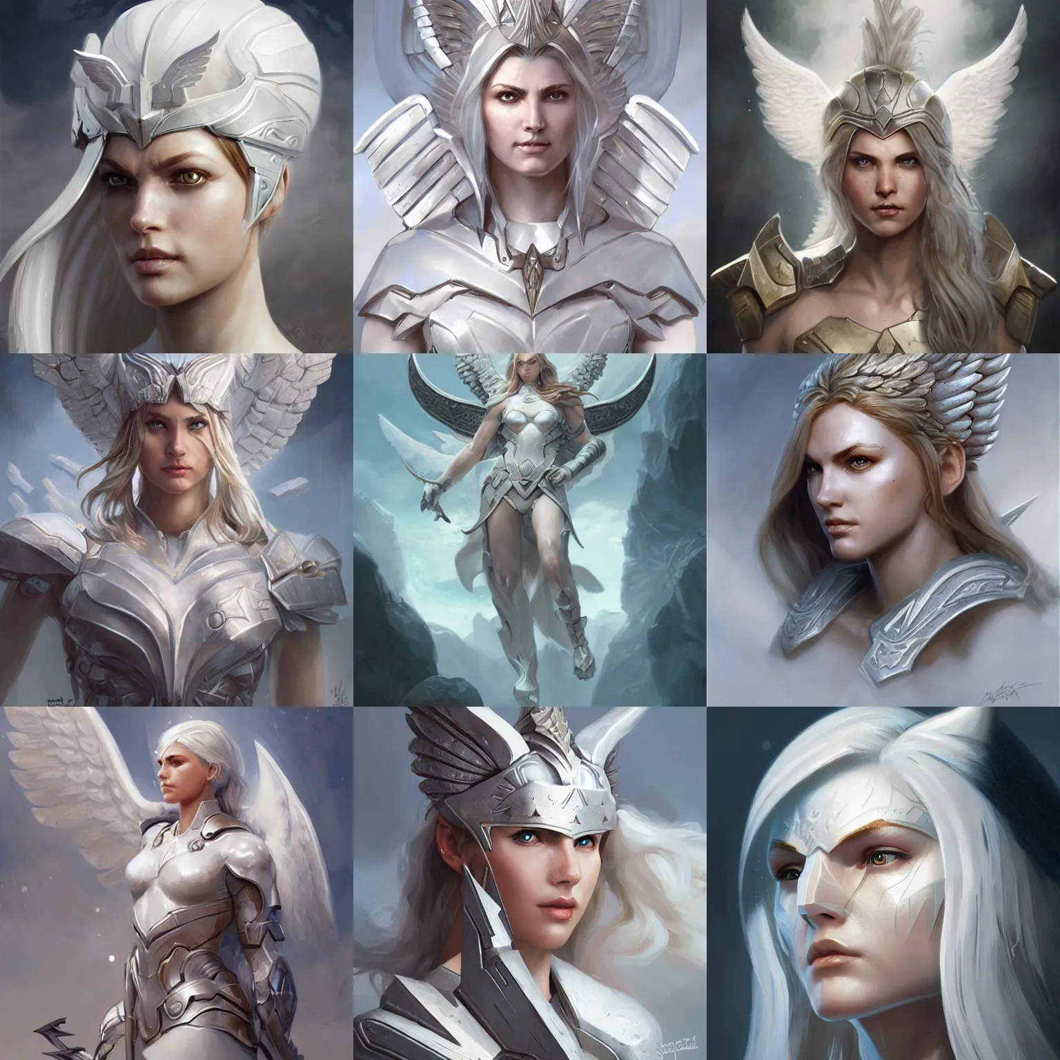 Prompt: white ceramic valkyrie, halo, d & d, fantasy, highly detailed, headshot, digital painting, trending on artstation, concept art, sharp focus, illustration, art by artgerm and greg rutkowski and magali villeneuve