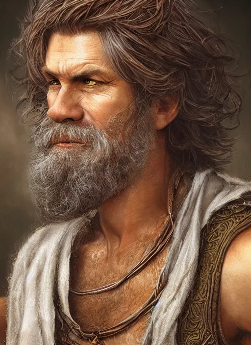 Prompt: a relaxed male middle aged druid in a sleeveless west, short brown hair, stringy, full body, 8 k, hyperrealistic, hyperdetailed, fantasy portrait by laura sava