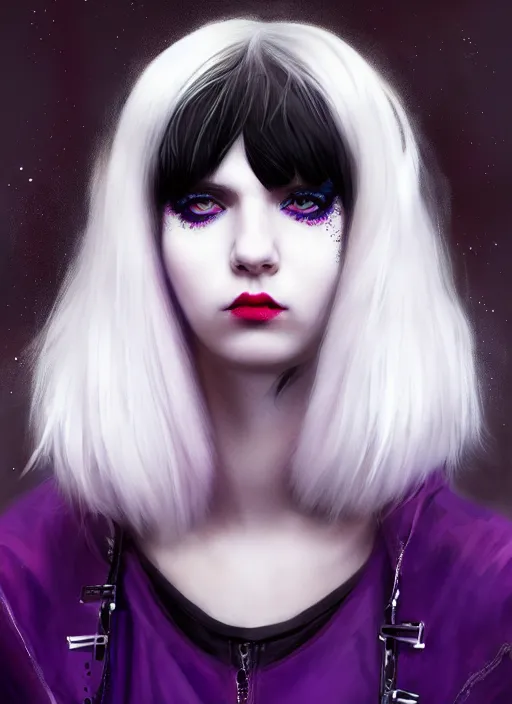 Image similar to portrait of white teenage girl, normal face, white bangs, mall goth, cyberlox, black and white hair, bangs, fluffy bangs, red contact lenses, purple lipstick, intricate, elegant, highly detailed, digital painting, artstation, concept art, sharp focus, smooth, illustration, art by wlop, mars ravelo and greg rutkowski