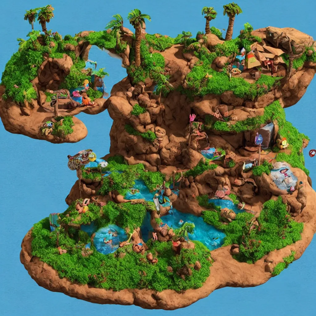 Image similar to claymation island resort, long shot