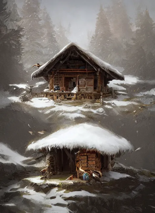 Image similar to hut on bird's feet, greg rutkowski, zabrocki, karlkka, jayison devadas, trending on artstation, 8 k, ultra wide angle, zenith view, pincushion lens effect