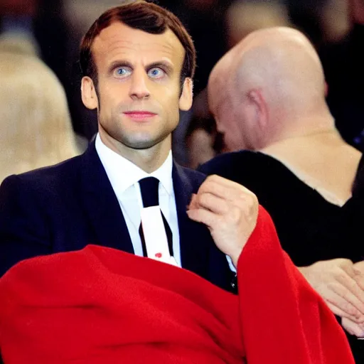 Prompt: Emmanuel Macron is Red Cloak in Eyes Wife Shut (1999)