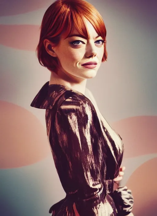 Image similar to beautiful Emma Stone wearing a vintage Raypunk outfit, accurate anatomy, abstract sun in background, shiny soft skin, soft lighting, sharp details, warm colors, full body portrait, 35 mm film, subsurface scattering, lens flare