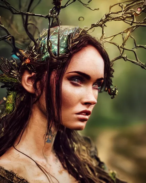 Image similar to photorealistic head and shoulders photo of beautiful mage magical enchantress female ornate fantasy elf warrior goddess, megan fox, wind blown hair, arney freytag, Magic the gathering,octane, bokeh, 8k, fashion pose, cinematic, 28mm