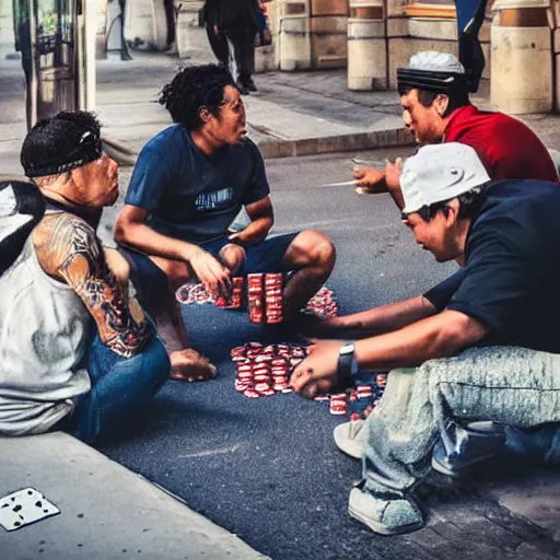 Image similar to with my homies playin street gambling, extremely human detailed, brutal human detailed!!!, hdr human detailed, photo hyper realistic, the best photograph of august, pinterest render, vogue render