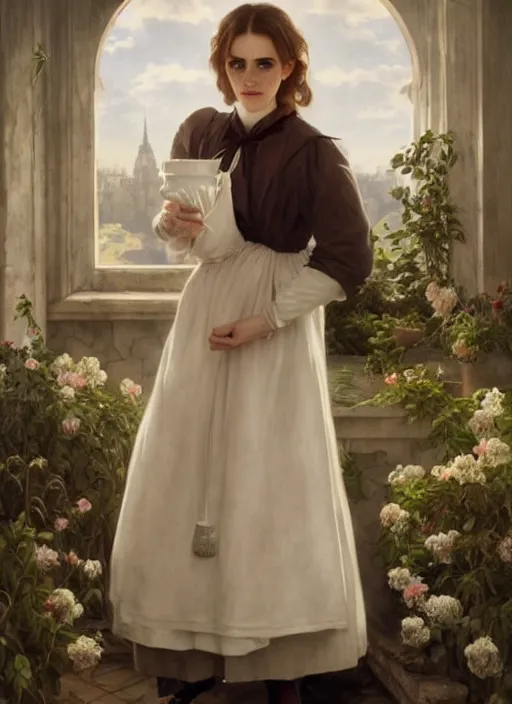 Image similar to portrait emma watson as maid in the kitchen, full length shot, shining, 8k highly detailed, sharp focus, illustration, art by artgerm, mucha, bouguereau