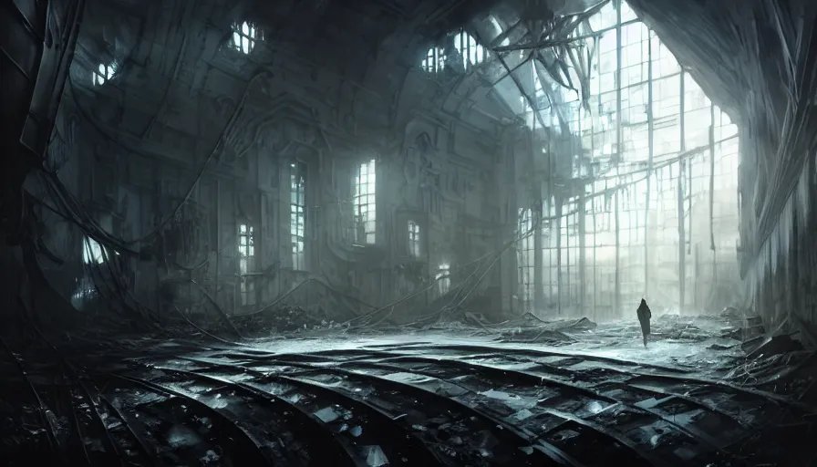 Image similar to high tech nomands exploring abandoned laboratory on splitzbergen, artic station, frostpunk, scifi, dark scifi, space horror, light, shadows, reflections, steam, epic composition, intricate, elegant, volumetric lighting, digital painting, highly detailed, artstation, sharp focus, illustration, concept art, ruan jia, steve mccurry