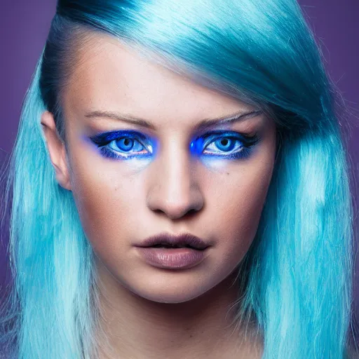 Image similar to A beautiful portrait of a woman with iridescent skin and blue hair and blue eyes