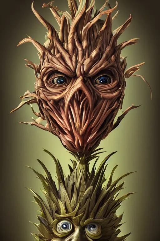 Image similar to humanoid figure with an artichoke head, highly detailed, digital art, sharp focus, trending on art station, monster, glowing eyes, anime art style